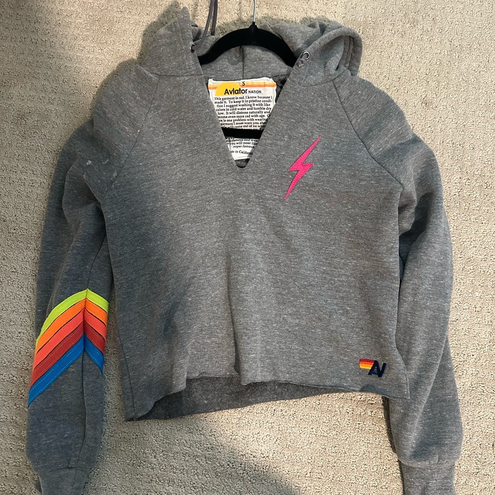 Aviator Nation Gray Hoodie with Pink and Rainbow Accents